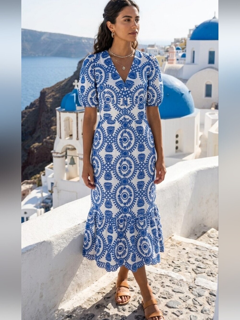 Adelyn Rae Eyelet Embroidered Puff Short Sleeve V-Neck Midi Dress